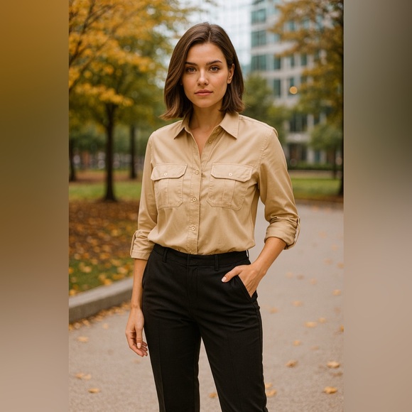 BCBGMAXAZRIA safari inspired khaki button down - Picture 1 of 8